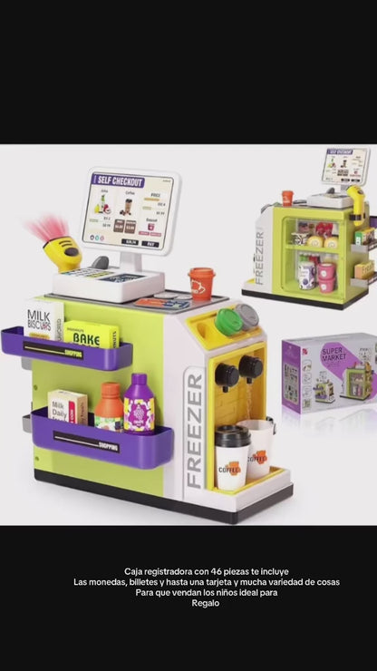 Supermercado grande con sonido , incluye caja registradora ,congeladora ,máquina de café y 46 accesorios